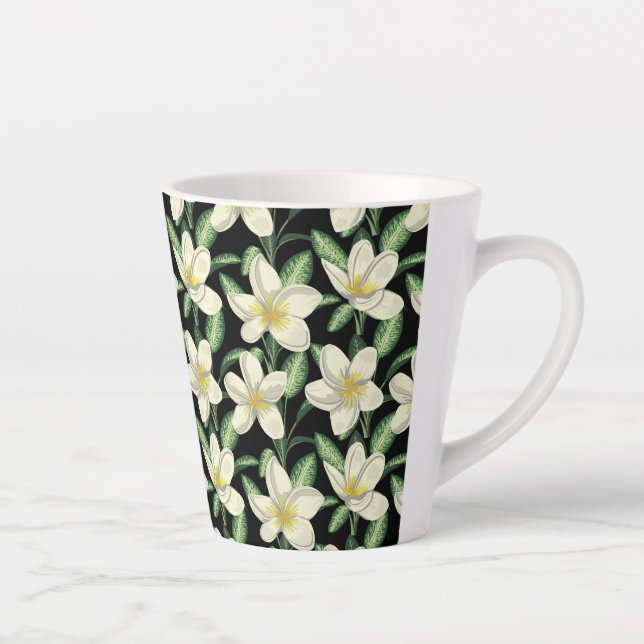 Tropical seamless pattern white flowers green leaf latte mug (Right)
