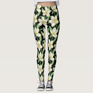 Tropical seamless pattern white flowers green leaf leggings