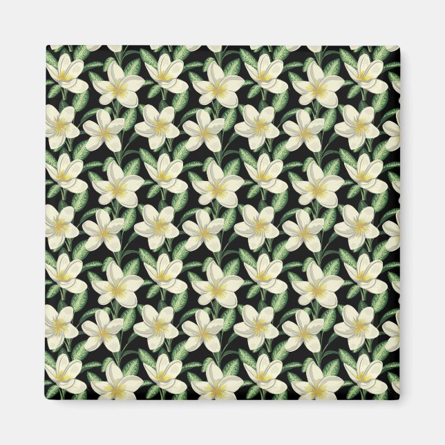 Tropical seamless pattern white flowers green leaf magnet (Front)