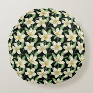 Tropical seamless pattern white flowers green leaf round cushion