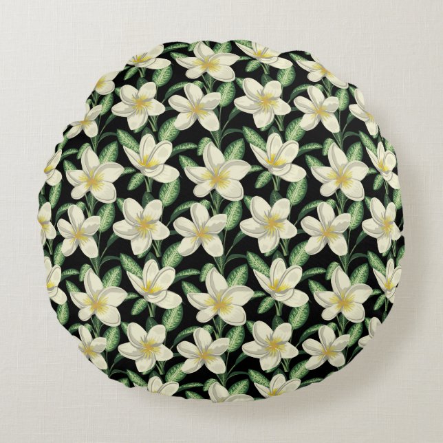 Tropical seamless pattern white flowers green leaf round cushion (Front)