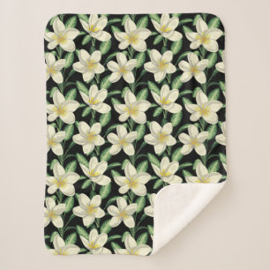Tropical seamless pattern white flowers green leaf sherpa blanket