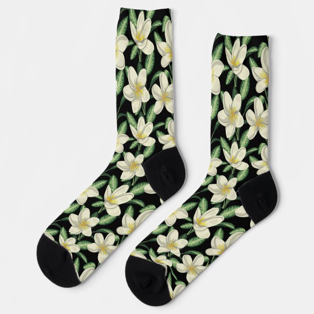 Tropical seamless pattern white flowers green leaf socks (Left)