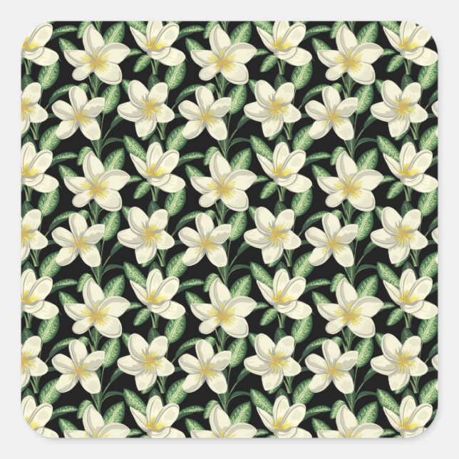 Tropical seamless pattern white flowers green leaf square sticker (Front)