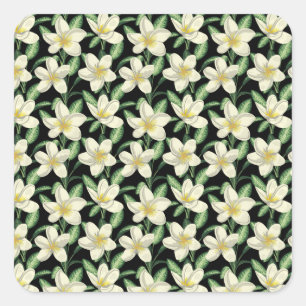 Tropical seamless pattern white flowers green leaf square sticker