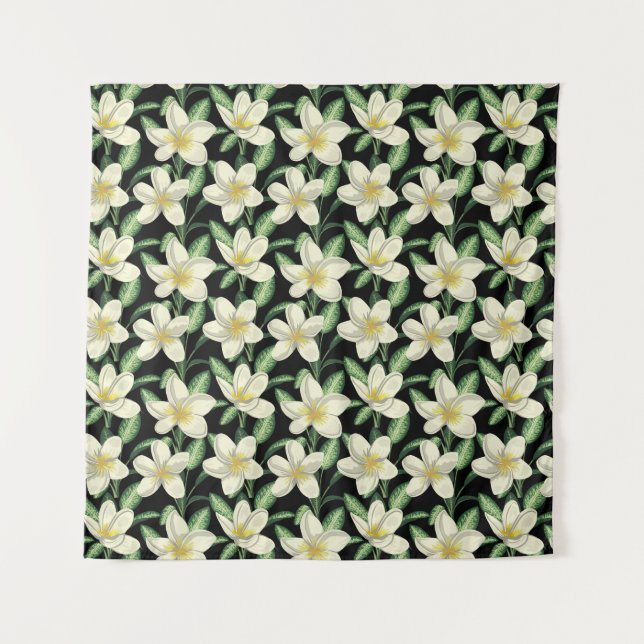 Tropical seamless pattern white flowers green leaf tapestry (Front)