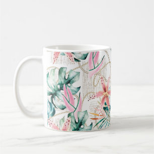 Tropical seamless pattern with orchids leaves and coffee mug