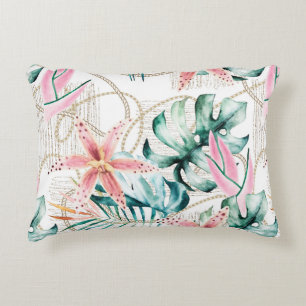 Tropical seamless pattern with orchids leaves and  decorative cushion