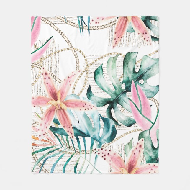 Tropical seamless pattern with orchids leaves and  fleece blanket (Front)