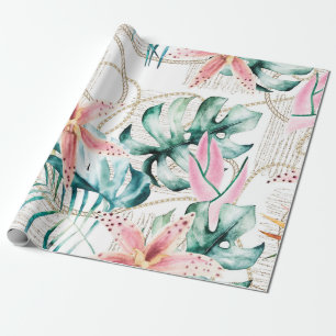 Tropical seamless pattern with orchids leaves and wrapping paper