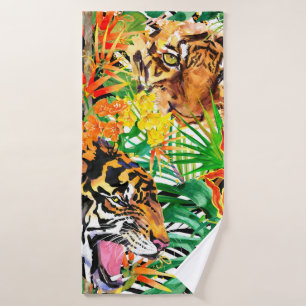 tropical seamless pattern with tiger. watercolor j bath towel
