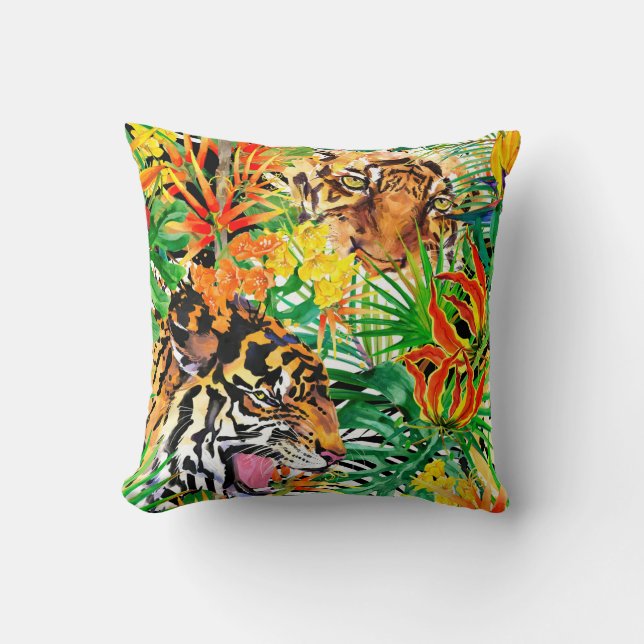 tropical seamless pattern with tiger. watercolor j cushion (Front)