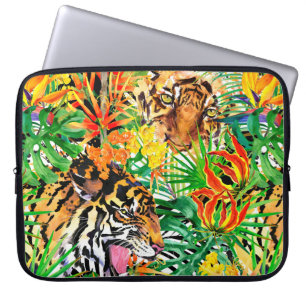 tropical seamless pattern with tiger. watercolor j laptop sleeve