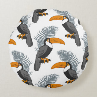 Tropical seamless pattern with toucans and leafs.  round cushion