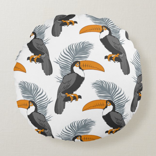 Tropical seamless pattern with toucans and leafs.  round cushion (Front)