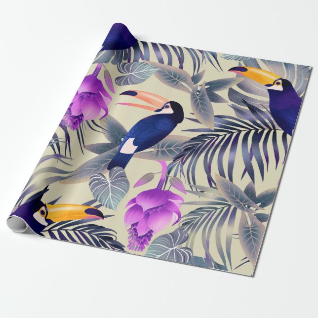 Tropical seamless pattern with toucans, monster, p wrapping paper (Unrolled)