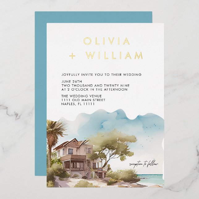 Tropical Seascape Beach Wedding Foil Invitation (Front/Back)
