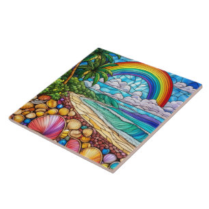 Tropical seashell beach stained glass art ceramic tile