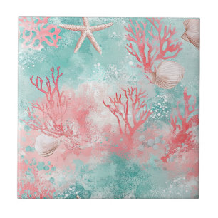 Tropical Seashell Coral Pattern Ceramic Tile
