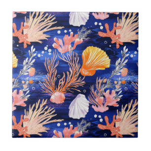 Tropical Seashell Starfish Orange Pink Cobalt Ceramic Tile