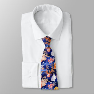 Tropical Seashell Starfish Orange Pink Cobalt Tie