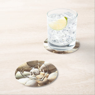 Tropical Seashells Add Initials & Wedding Date Round Paper Coaster
