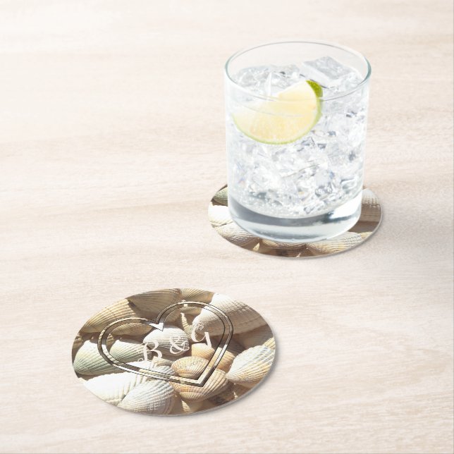 Tropical Seashells Add Initials & Wedding Date Round Paper Coaster (Insitu)