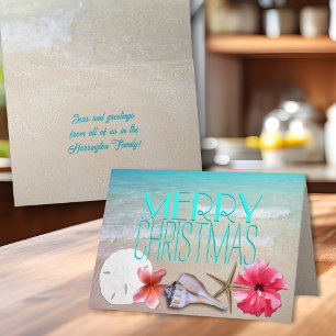 Tropical Seashells and Flowers Message Christmas Holiday Card