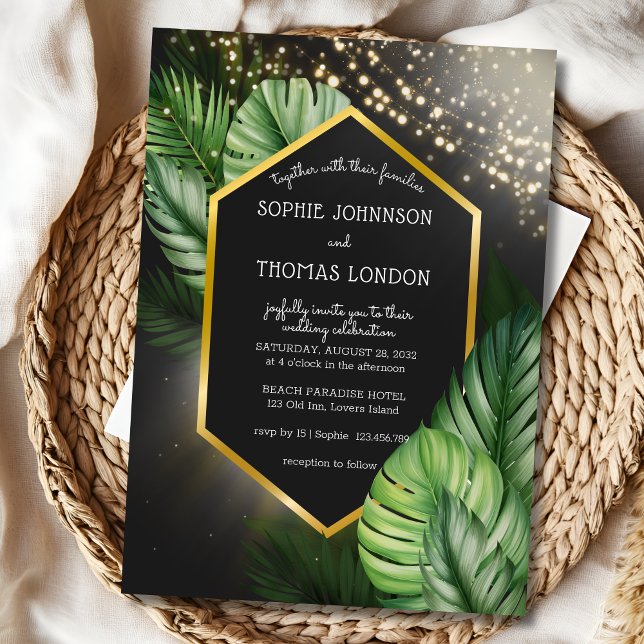Tropical seaside night dark watercolor wedding invitation (Creator Uploaded)