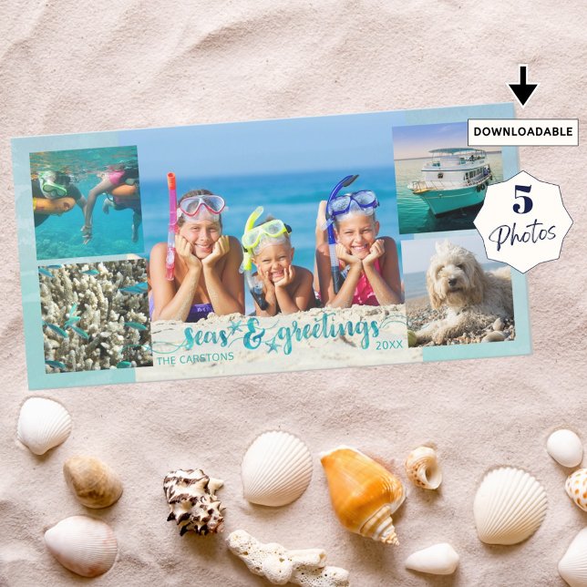 Tropical SEAson's Greetings Brush Script 5 Photos Holiday Card (Creator Uploaded)