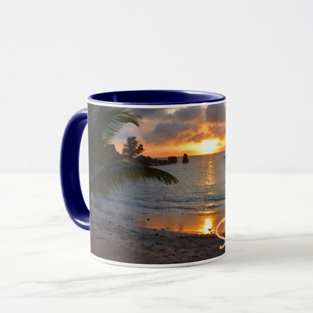 Tropical Seychelles Island Palm Tree Beach Sunset Mug (Front Left)