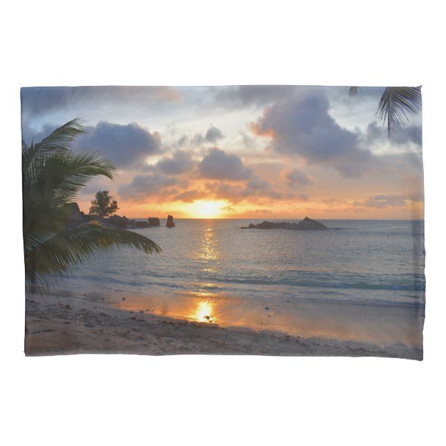 Tropical Seychelles Island Palm Tree Beach Sunset Pillowcase (Front)