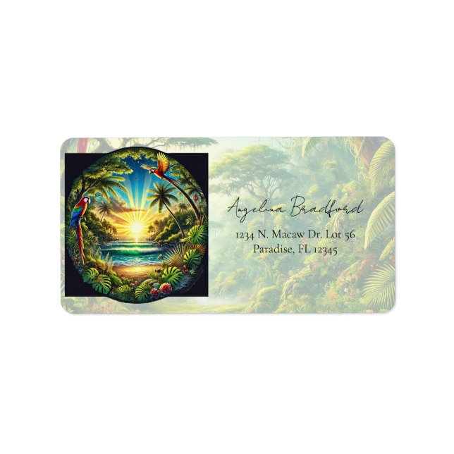 Tropical Shoreline Macaws Palm Trees Exotic Plants Label (Front)