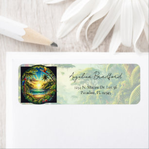 Tropical Shoreline Macaws Palm Trees Exotic Plants Return Address Label