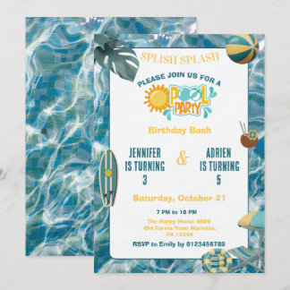  Tropical Sibling Joint Pool Party Birthday Invitation