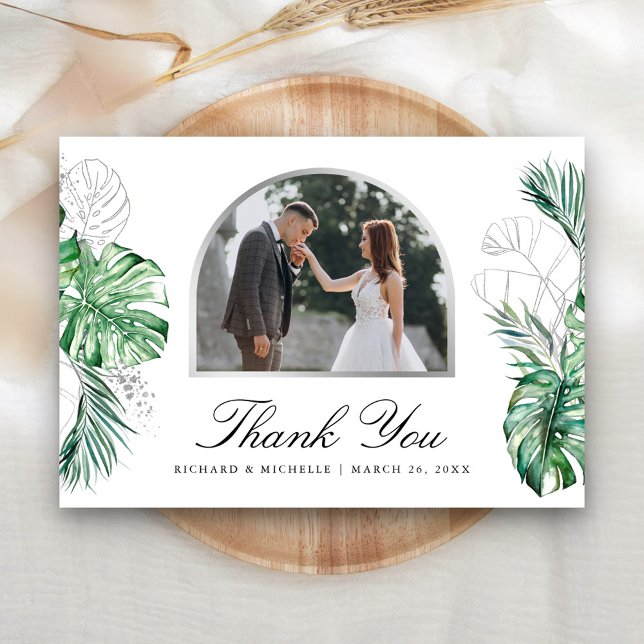 Tropical Silver Palm Arch Photo Wedding Thank You Card (Creator Uploaded)