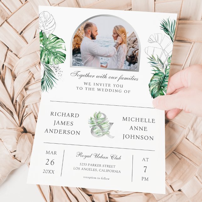 Tropical Silver Palm Photo QR Code Wedding Invitation (Creator Uploaded)