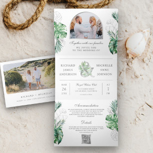 Tropical Silver Palm Photo QR Code Wedding Tri-Fold Invitation