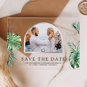 Tropical Silver Palm Photo Wedding Save the Date Acrylic Invitations