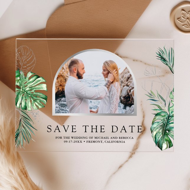 Tropical Silver Palm Photo Wedding Save the Date Acrylic Invitations (Creator Uploaded)