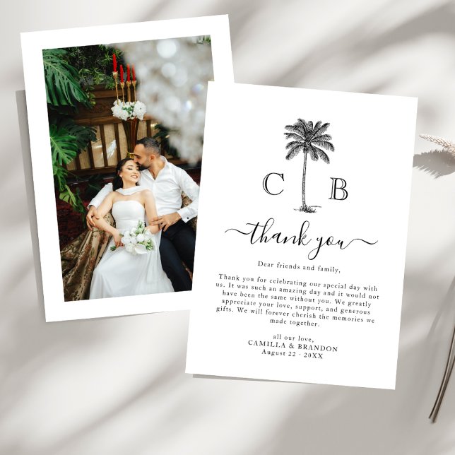 Tropical Simple Palm Initials Photo Wedding  Thank You Card (Creator Uploaded)