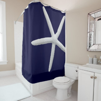 Tropical Single White Starfish on Navy Blue Beach Shower Curtain