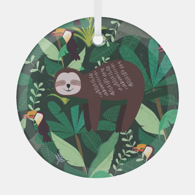 Tropical Sloth: Cartoon Seamless Pattern Glass Tree Decoration (Front)