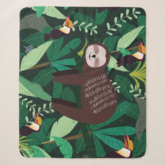 Tropical Sloth: Cartoon Seamless Pattern Sherpa Blanket (Front)