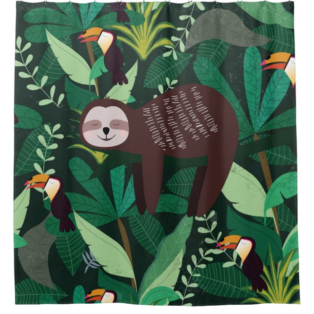 Tropical Sloth: Cartoon Seamless Pattern Shower Curtain (Front)