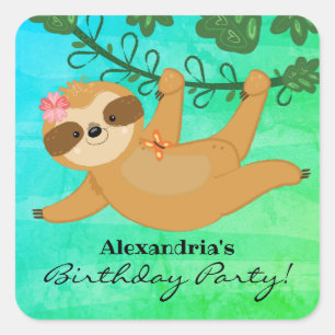 Tropical Sloth Girly Birthday Party Square Sticker