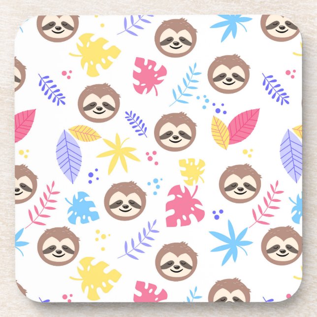 Tropical Sloth & Leaves Pattern Coaster (Front)