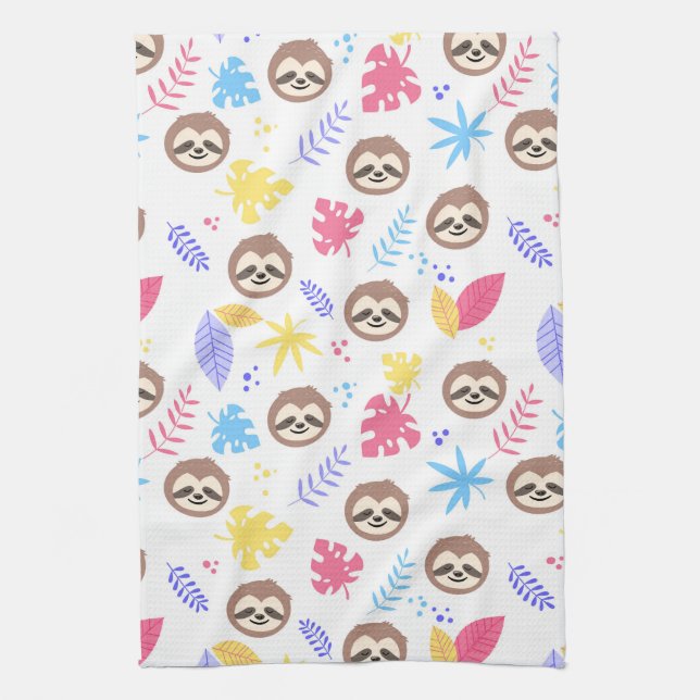 Tropical Sloth & Leaves Pattern Tea Towel (Vertical)