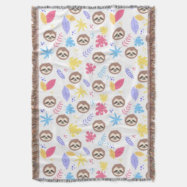 Tropical Sloth & Leaves Pattern Throw Blanket (Front Vertical)
