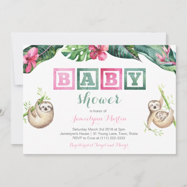 Tropical Sloth Lush Foliage Baby Shower Party Invitation (Front)